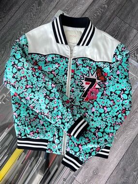 Maje Floral Pattern Silk Varsity Bomber Jacket